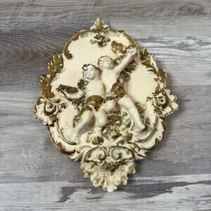 Vintage Cherub Wall Plaque Cream Gold Baroque Ornate 12x9